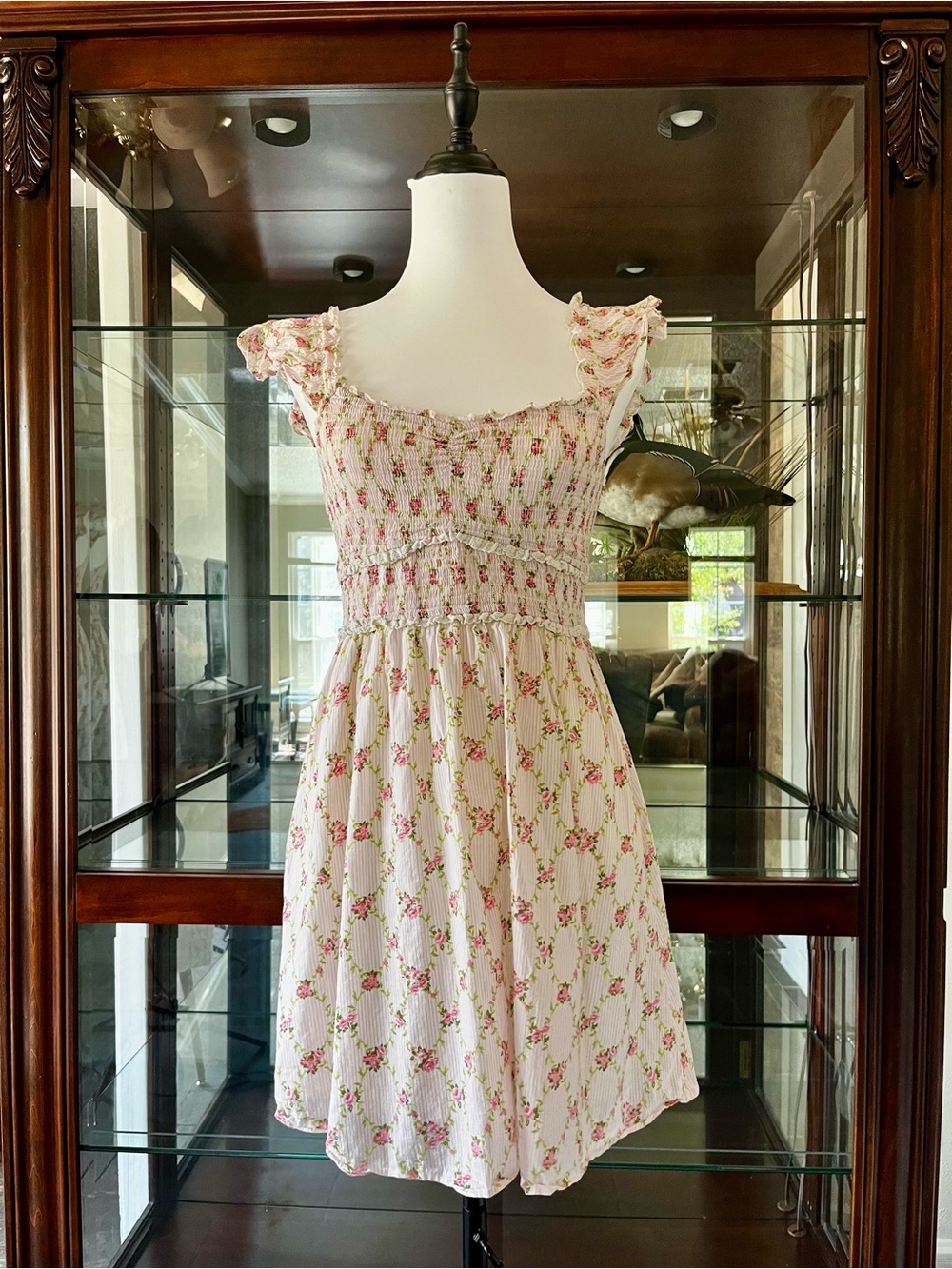 Coquette Pink Floral Striped Smocked Mini Dress Cottagecore Fairy Summer